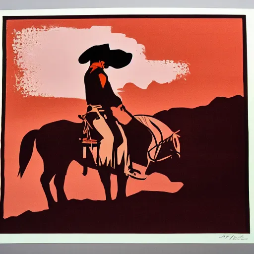 Prompt: siluette of a cowboy outlaw sitting on a horse. serigraph. screen - printed. sun - bleached highlights on colt's face, hat in soft colors