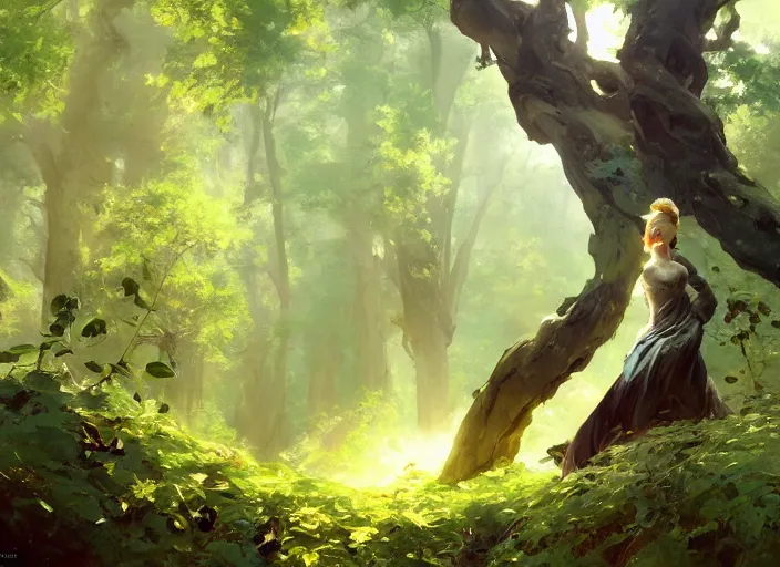 Prompt: a full body portrait of a woman, fantasy forest landscape at day, rule of thirds, digital painting by sargent and leyendecker, fantasy, medium shot, intricate, matte painting, verdant gradient, dynamic lighting, by greg rutkowski and greg tocchini and james gilleard and joe fenton and greg manchess