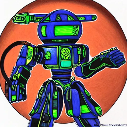 Image similar to an intricate color pencil drawing of a giant anime robot with rounded and circular parts