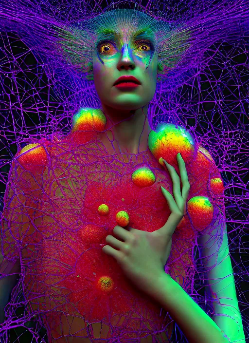 Image similar to hyper detailed 3d render like a Oil painting - Aurora (cyberpunk oil rainbow faced Singer) seen Eating of the Strangling network of yellowcake aerochrome and milky Fruit and Her delicate Hands hold of gossamer polyp blossoms bring iridescent fungal flowers whose spores black out the foolish stars by Jacek Yerka, Mariusz Lewandowski, Houdini algorithmic generative render, Abstract brush strokes, Masterpiece, Edward Hopper and James Gilleard, Zdzislaw Beksinski, Mark Ryden, Wolfgang Lettl, hints of Yayoi Kasuma, octane render, 8k