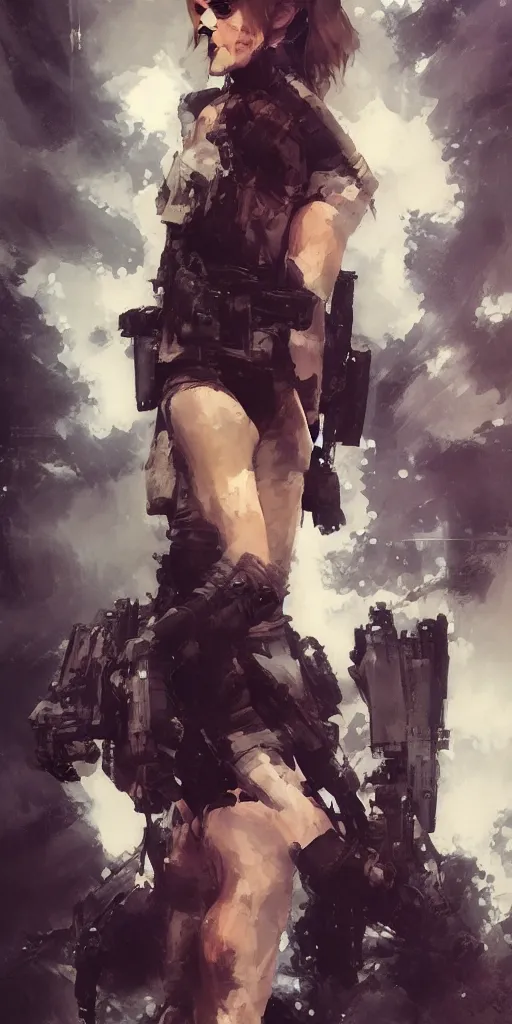 Prompt: emma watson wearing metal gear armor holding ak-47 dramatic lighting art by Yoji Shinkawa by Richard Schmid by greg rutkowski by Sandra Chevrier by Jeremy Lipking cinematic dramatic