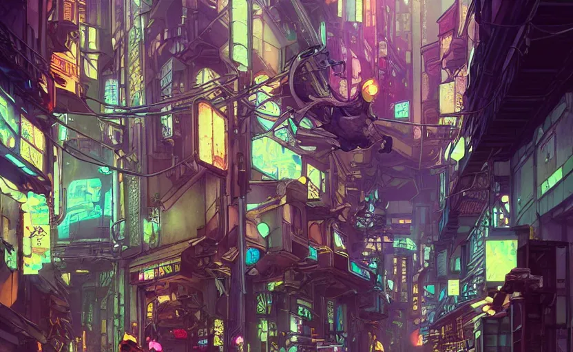 Image similar to a cat society in a cyberpunk city alleyway in a space opera cyberpunk studio ghibli animated film, volumetric lighting, octane render by anime, artgerm, alphonse mucha, loish, alena aenami, highly detailed