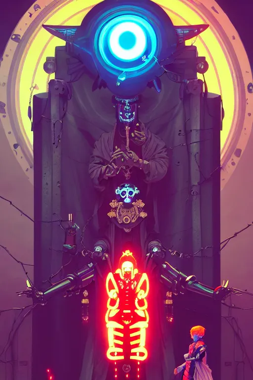 Image similar to cyberpunk blindfolded occultists worshipping a supernatural robot deity in a futuristic shrine, sci - fi concept art by bakaarts and darius puia and bartsy and sachin teng and pascal blanche and alphonse mucha and nekro and josan gonzalez, digital art, trending on artstation, 4 k, 8 k