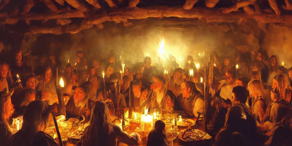 Prompt: cinematic shot of the inside of a Viking feasting hall, candlelight, boisterous atmosphere, by Gregory manchess