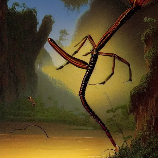 Image similar to antropromorphic stick insect, fantasy concept art, painting by Martin Johnson Heade