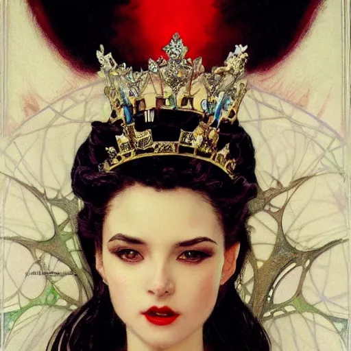 Prompt: portrait of a very beautiful queen vampire, top half of body, crown on head, pensive expression, by Stanley Artgerm Lau, greg rutkowski, thomas kindkade, alphonse mucha, loish, norman rockwell, J. C. Leyendecker. dark black hair, pale skin, detailed eyes, red lips. royalty. Trending on artstation rule of thirds extremely detailed illustration hd 4k