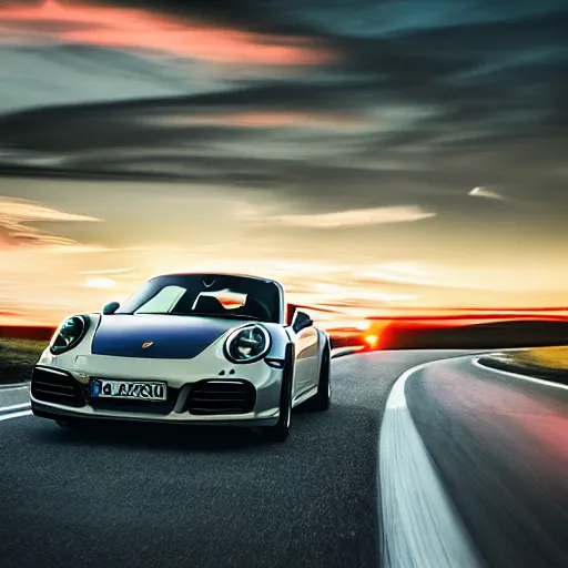 Prompt: a Porsche 911 speeding during sunset