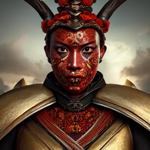 Image similar to portrait of a Kyoshi Warrior in full facepaint, digital art, highly detailed, concept art, intricate, sharp focus, Trending on Artstation HQ, unreal engine 5, 4K UHD image