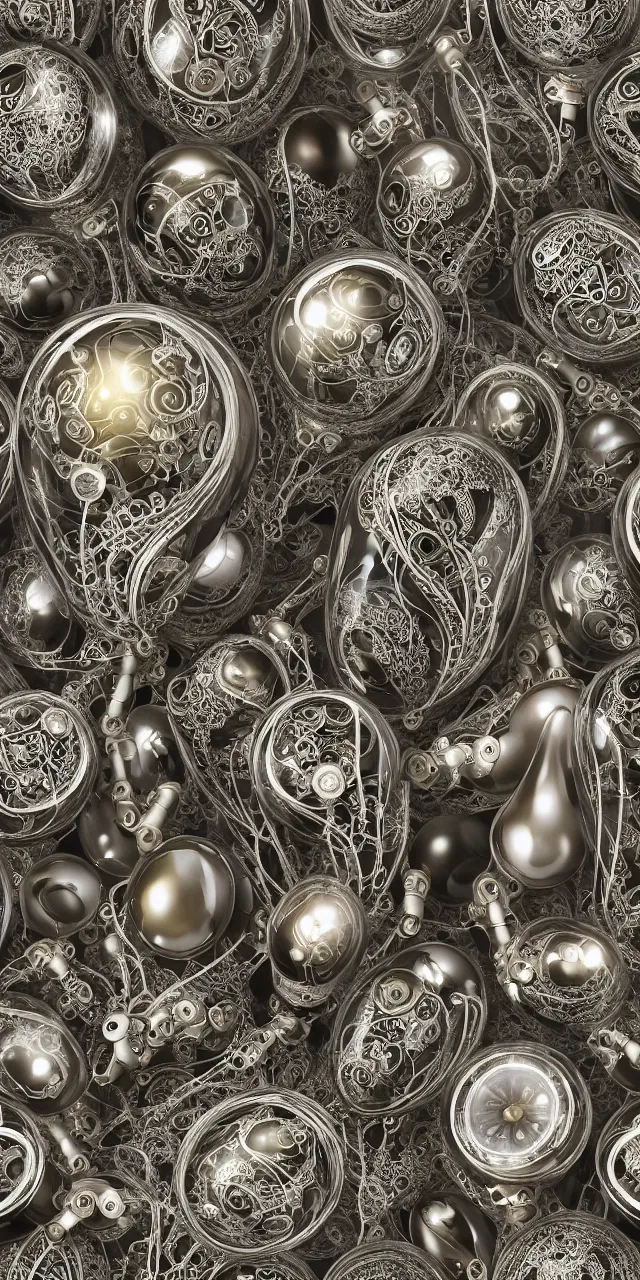 Prompt: seamless pattern of beautiful cybernetic biomechanical faberge eggs and cables arranged in a damask pattern + clear glass exoskeleton, inside organic robotic tubes and parts, black background, glass helmets and dove wings, symmetrical composition + intricate details, hyperrealism, wet, reflections + by alfonse mucha, no blur