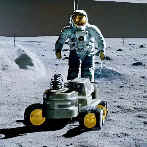 Prompt: photo realistic Hank hill wearing a full suit of armor riding a lawnmower on the moon, Kodachrome photo