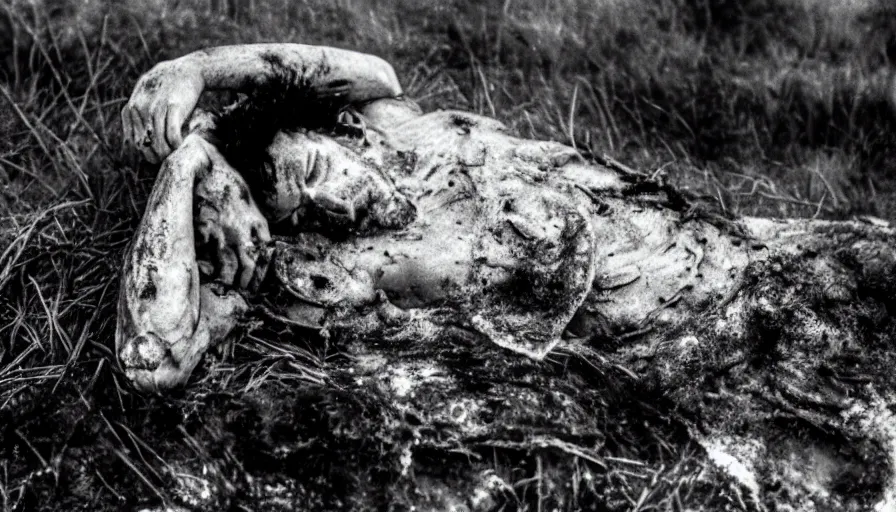 Prompt: 1 9 6 0 s movie still close up of marcus aurelius frozen tired and dirty crawling at the side of a river in emperor clothes, grass, snowy, pine forests, cinestill 8 0 0 t 3 5 mm b & w, high quality, heavy grain, high detail, texture, dramatic light, anamorphic, hyperrealistic, detailed hair, foggy