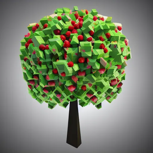 Prompt: a low poly tree with cubes as fruits, flat image, minimalistic