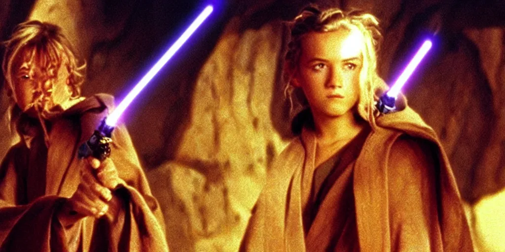 Image similar to !dream A full color still of a teenage blonde Jedi padawan holding the HILT of a lightsaber, looking scared, at golden hour!, from The Phantom Menace, directed by Steven Spielberg, 35mm!!! 1990