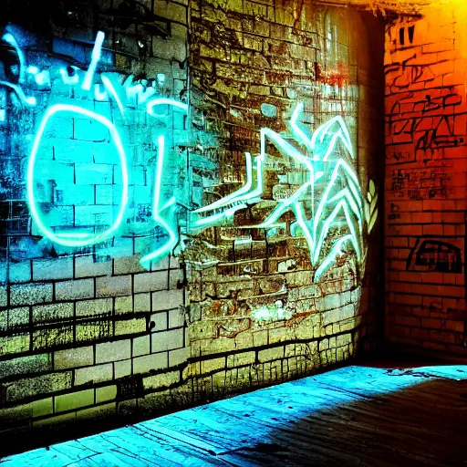 Image similar to graffiti on a wall in an old building, happy mood, cyberpunk, futuristic, neon, high detail, golden light, realistic