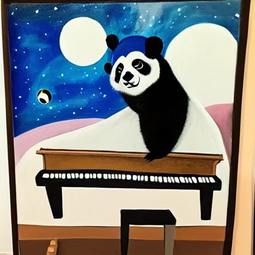 Image similar to painting of a panda playing piano at the edge of the galaxy wearing an astronaut uniform and laughing