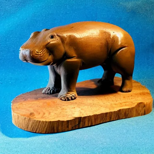 Image similar to a small smooth hippo statue carved from natural wood, dipped in polished blue ceramic, half and half, mixed media, side view