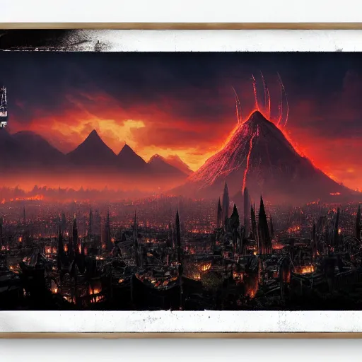 Image similar to mordor as a bustling city, highly detailed, sharp focus, skyline, vast, gothic, lord of the rings, mount doom, 4 k, fantasy, cinematic, dystopian