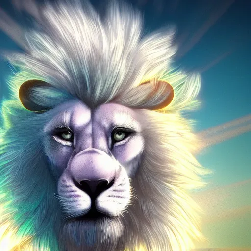 Prompt: close up shot, detailed synthwave artwork of masculine furry white lion character with large glowing mane blowing in the wind from the sunsets backlight trending on artstation