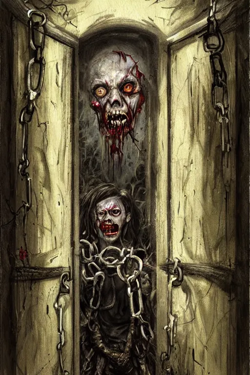 Prompt: a painting of a zombie coming out of a doorway, concept art by dave melvin, photorealistic, hooks on chains, featured on deviantart, fantasy art, concept art, grotesque, creepypasta, black magic, demonic