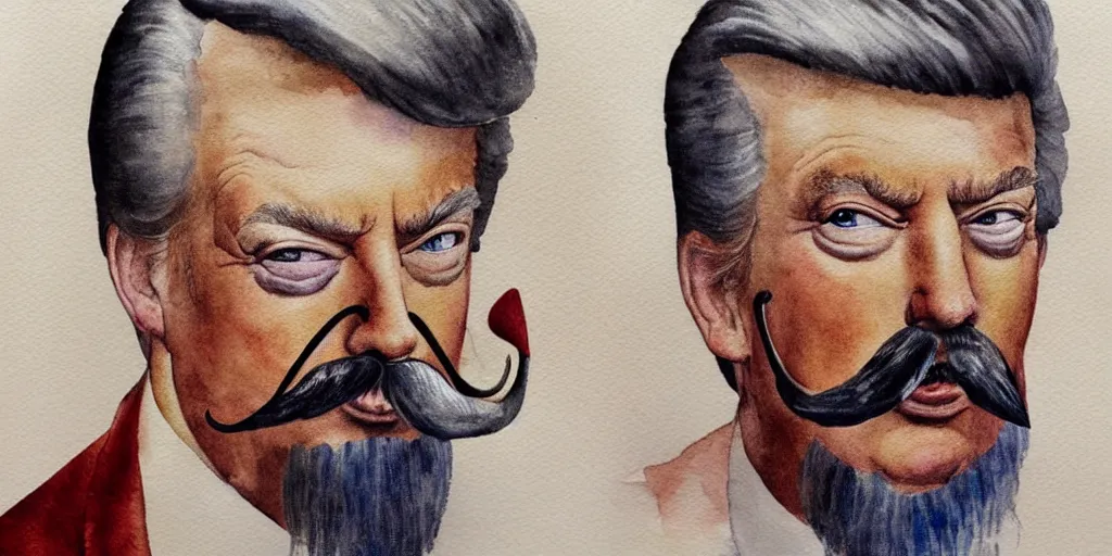 Image similar to donald trump with beard and mustache, watercolor painting by salvador dali