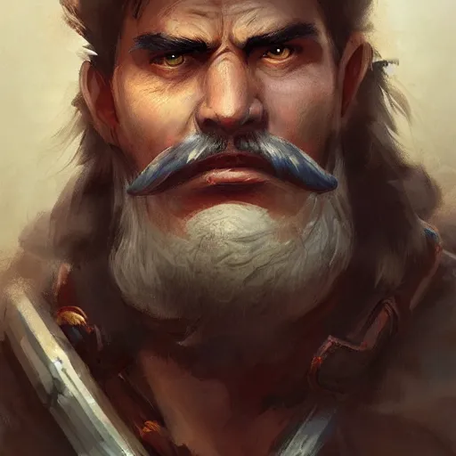 Image similar to portrait old barbarian warrior with trucker mustache and short hair, 8 k, trending on art station, by tooth wu and greg rutkowski