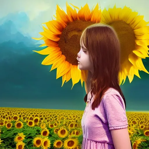 Image similar to giant sunflower head, portrait of girl in flower field, holding daisies, surreal photography, sunrise, impressionist painting, colorful clouds, digital painting, artstation, simon stalenhag, flower face