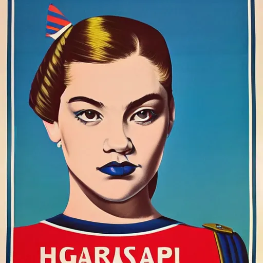 Prompt: highly detailed propaganda poster portrait of the leader of fascist hungary, barbara palvin looking into the distance, fashion items in the background, by edward hopper