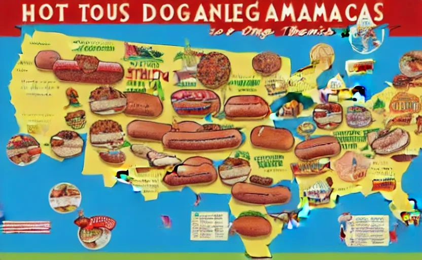 Image similar to hot dogs across america map, detailed, map key, tourist map, brochure