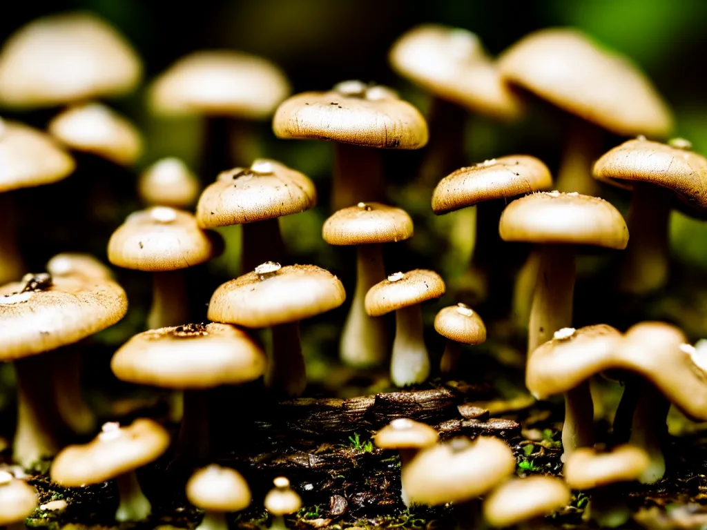 Image similar to macro photo of 1 5 tiny mushrooms in the forest sharp focus