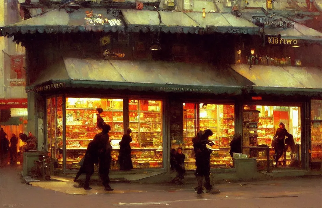 Prompt: a take away food shop front, detailed painting, epic lighting, by ilya repin, phil hale and kent williams