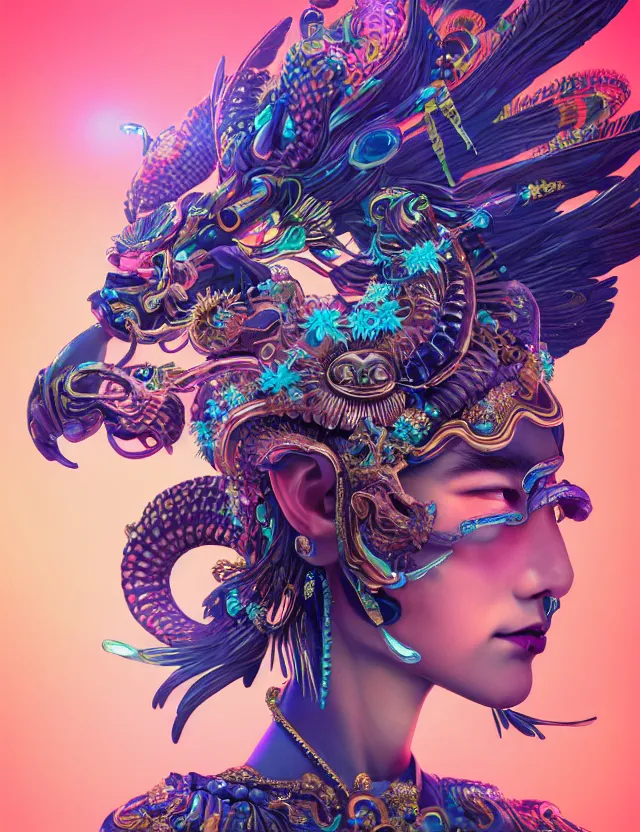 Image similar to 3 d goddess close - up profile portrait with crown, ram skull. beautiful intricately detailed neon japanese crow kitsune mask and clasical japanese kimono. betta fish, jellyfish phoenix, bio luminescent, plasma, ice, water, wind, creature, artwork by tooth wu and wlop and beeple and greg rutkowski