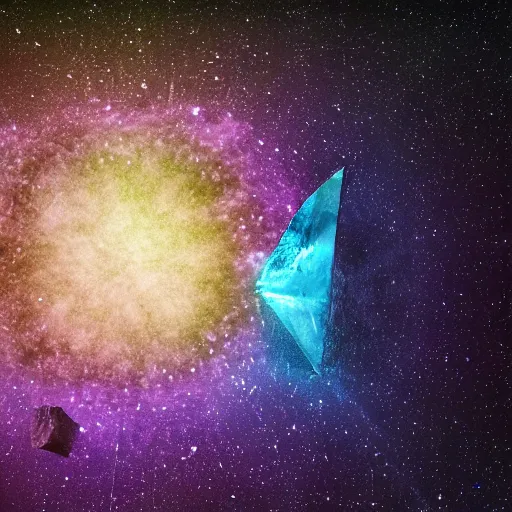 Image similar to crystal quartz fragments and diamond shards, dark side of the moon cover, centered in the middle of galactic space, radiating around prismatic colours of black hole singularity, hyper realistic focus, sharp details, cinema 4d octane, nasa images, volumetric lighting, cinematic lighting, houdini simulation, space nebula, 8k