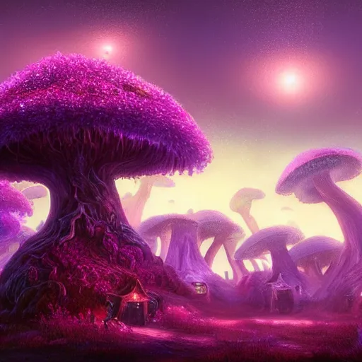 Image similar to concept art painting of a fantasy alien fungal landscape at night, magenta trees, glowing blue mushrooms, village of houses made of mushrooms, dark purple sky, realistic, detailed, cel shaded, in the style of makoto shinkai and greg rutkowski and albert bierstadt and james gurney