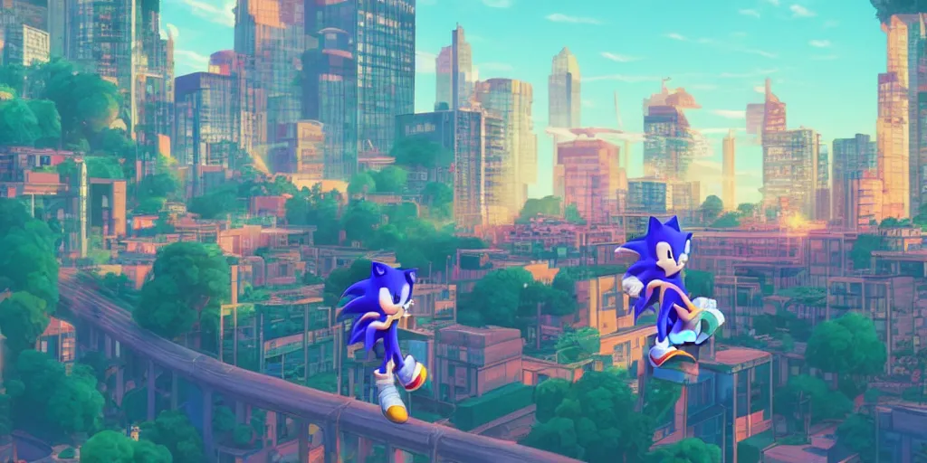 Image similar to sonic the hedgehog, lofi, pastel, Esthetic, calm, city,