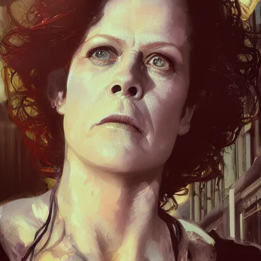 Image similar to sigourney weaver, hyperrealistic portrait, bladerunner street, art of elysium by jeremy mann and alphonse mucha, fantasy art, photo realistic, dynamic lighting, artstation, poster, volumetric lighting, very detailed face, 4 k, award winning