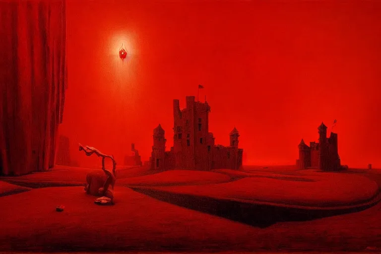 Prompt: only with red, in a red dream world, a crimson tiger, a castle in the background, medieval demons, an ancient path in the style of beksinski, part by hopper, part by rodcenko, part by hofbauer, intricate composition, red by caravaggio, insanely quality, highly detailed, masterpiece, red light, artstation