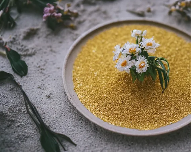 Image similar to 8 5 mm food photography of a plate full of every single food made of gold with silver linings near a garden with sand with dof and bokeh and flowers o