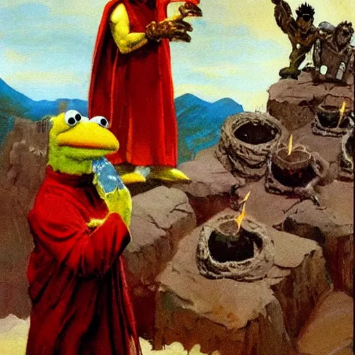Prompt: Frank Frazetta painting of Bert the Muppet in high priest robes sacrificing Ernie the muppet on an altar.