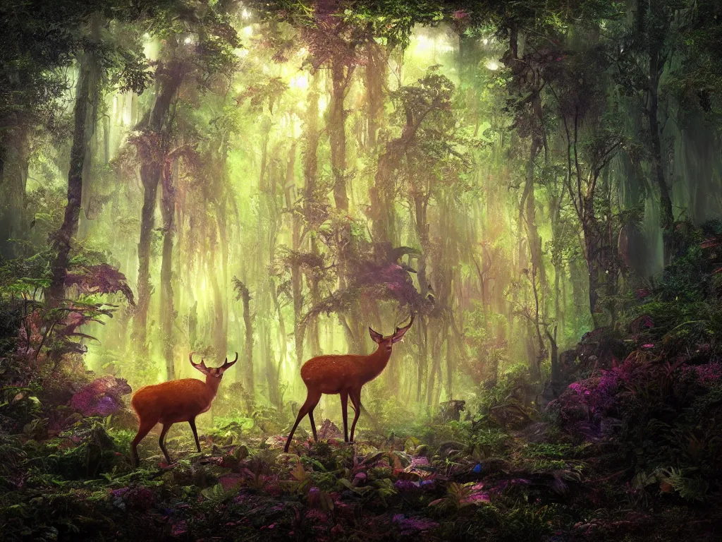 Image similar to a fantasy beautiful dense biorelevant rainforest setting, ultrawide angle, a deer made of bright neon ether light sparkle, cinematic lighting, extremely emotional, extremely dramatic, surround it with pixie dust ether floating in the air, hdr, epic scale, cmyk, deep spectrum color