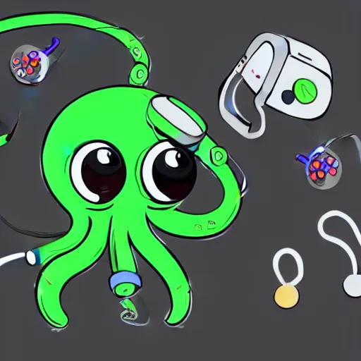 Image similar to a cute acqua green little octopus playing videogames, with various joypads in his tentacles and a pair of headphones, dark black background, digital drawing, photoshop, high definition, gamer