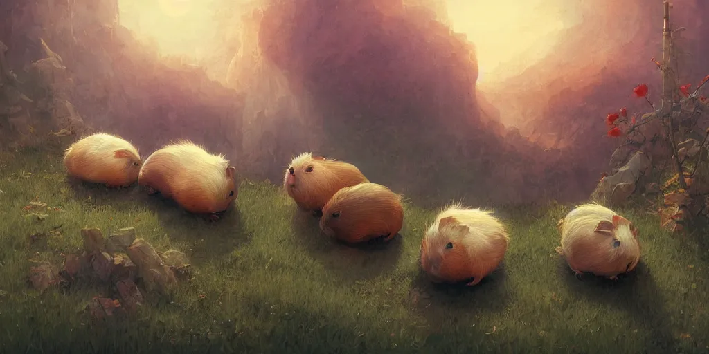 Image similar to a bunch of cute guinea pig, clear skies, marc simonetti and caspar david friedrich, trending on artstation