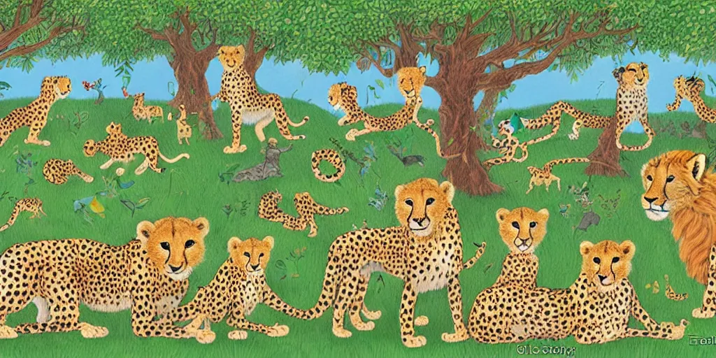 Prompt: whole family of cheetah and lion in happy forest , huge scale, high detail, intricate by Axel Scheffler