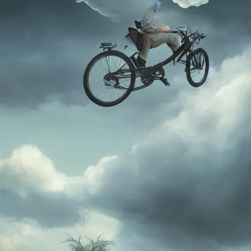 Image similar to A fancy portrait of a happy man flying in the sky on his bicycle in the clouds, perfect expression, Greg Rutkowski, Sung Choi, Mitchell Mohrhauser, Maciej Kuciara, Johnson Ting, Maxim Verehin, Bloodborne, 8k photorealistic, volumetric lighting, HD, high details, dramatic, warm atmosphere, trending on artstation