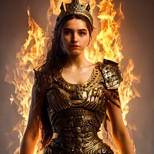 Image similar to Absolutely gorgeous greek goddess of fashion and fire, she is smithing the most metal armour for the olympian gods, cinematic lighting, high quality 8k hd, oil on canvas, hyperralistic art