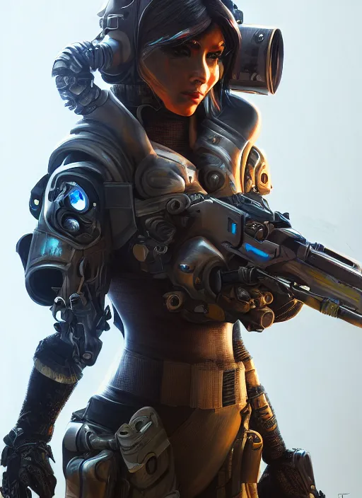 Image similar to a hyper realistic intricate detailed military tech advanced dangerous cyberpunk portrait of a female warrior wearing overwatch armor, zoom lens, concept art, photography, realistic, 8 k, vray, concept armor, artstation, deviantart