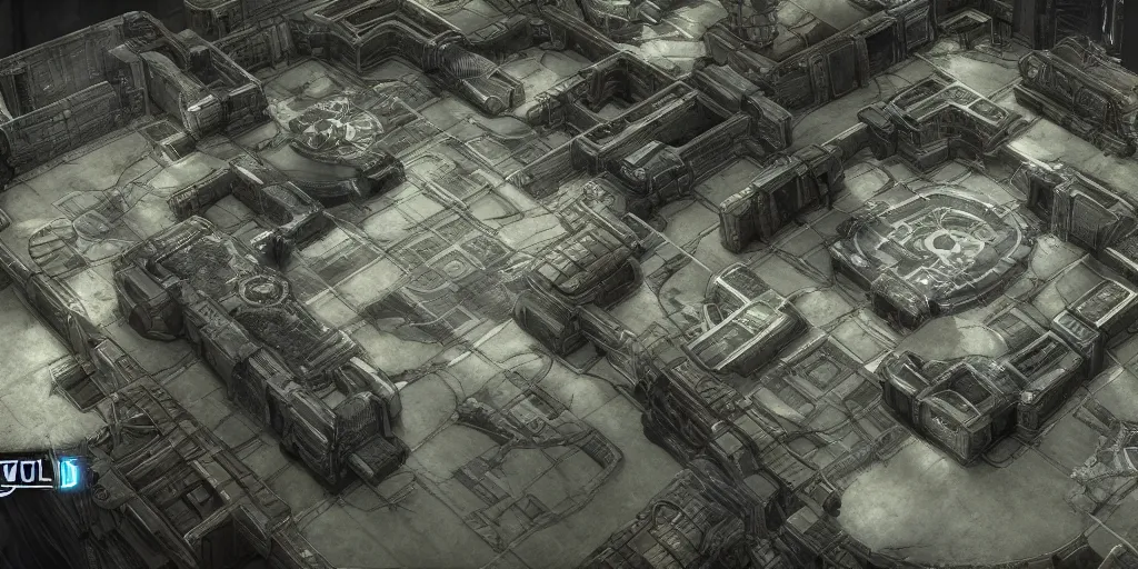 Image similar to architectural floor plan gears of war map hybrid halo map, small symmetrical outpost, white wall outlines