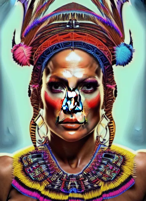 Image similar to portrait of jennifer lopez, hyper detailed ultra sharp aztec shaman warrior. trending on artstation, warpaint aesthetic, bloodwave, colorful, psychedelic, ornate, intricate, digital painting, concept art, smooth, sharp focus, illustration, art by artgerm and greg rutkowski and h. r. giger, 8 k
