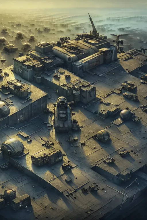 Image similar to a highly detailed matte painting of a post - apocalyptic dieselpunk military base aerial view, by studio ghibli, makoto shinkai, by artgerm, by wlop, by greg rutkowski, volumetric lighting, octane render, 4 k resolution, trending on artstation, masterpiece