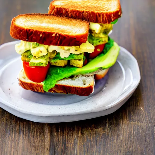 Image similar to sandwich with fried tofu, one red tomato slice, mayo, onion, avocado, melted cheddar, in a red dish, background with saturn and stars in the sky