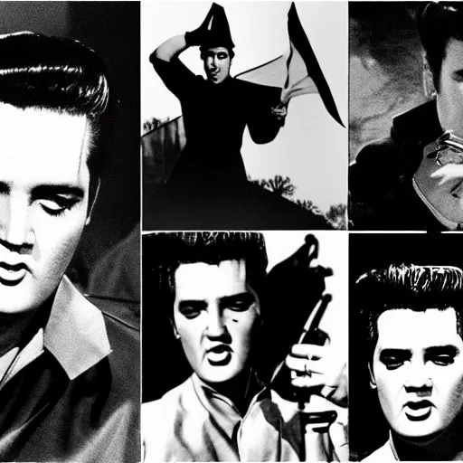 Image similar to Satanic States of America, alternate history, 1957, Elvis Presley, gothic Elvis, photograph, paparazzi photo